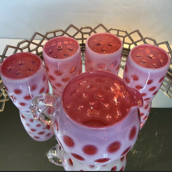 SOLD Fenton Cranberry Coin Dot Pitcher Tumblers - Picture 11 of 12
